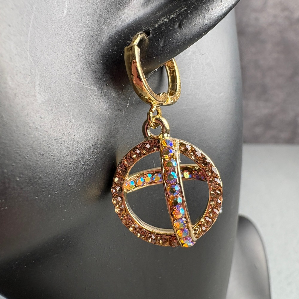 Gold Tone AB Crystal Spherical Cage Drop Earrings Huggie Hoop Dangle
